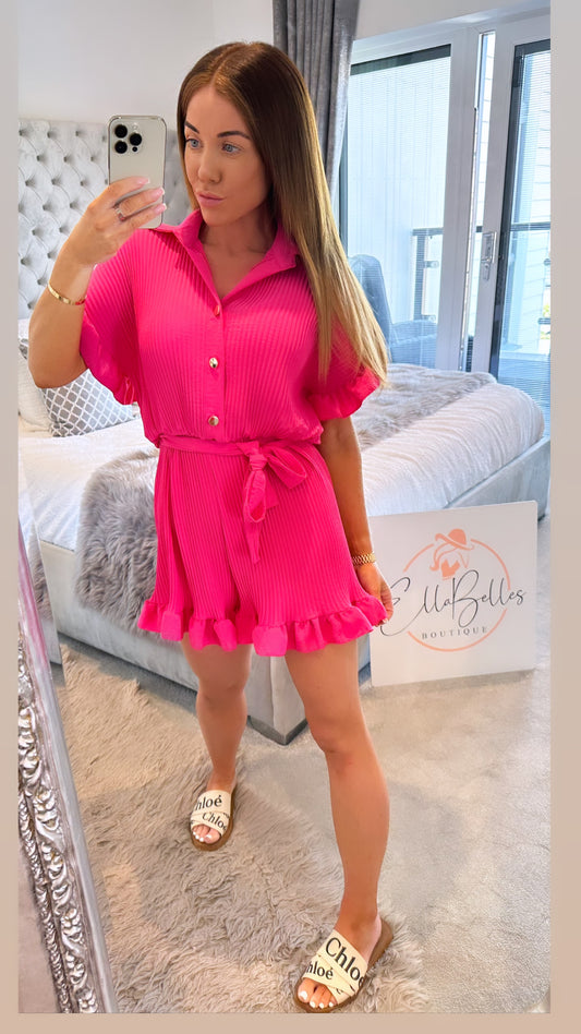 Pink Pleated/Frill Button detail Playsuit