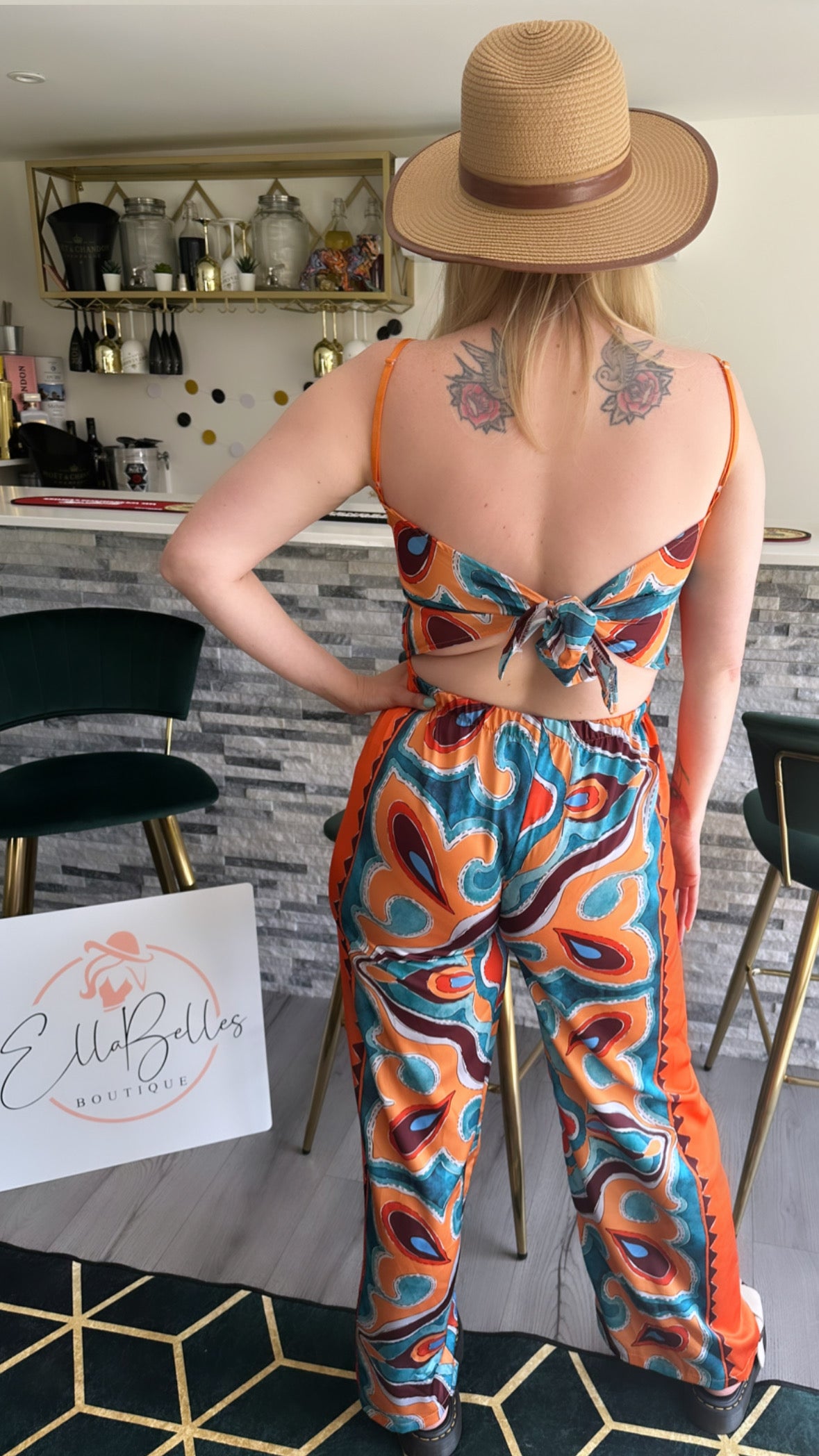 Orange Satin scarf print Trouser Co-ord Set