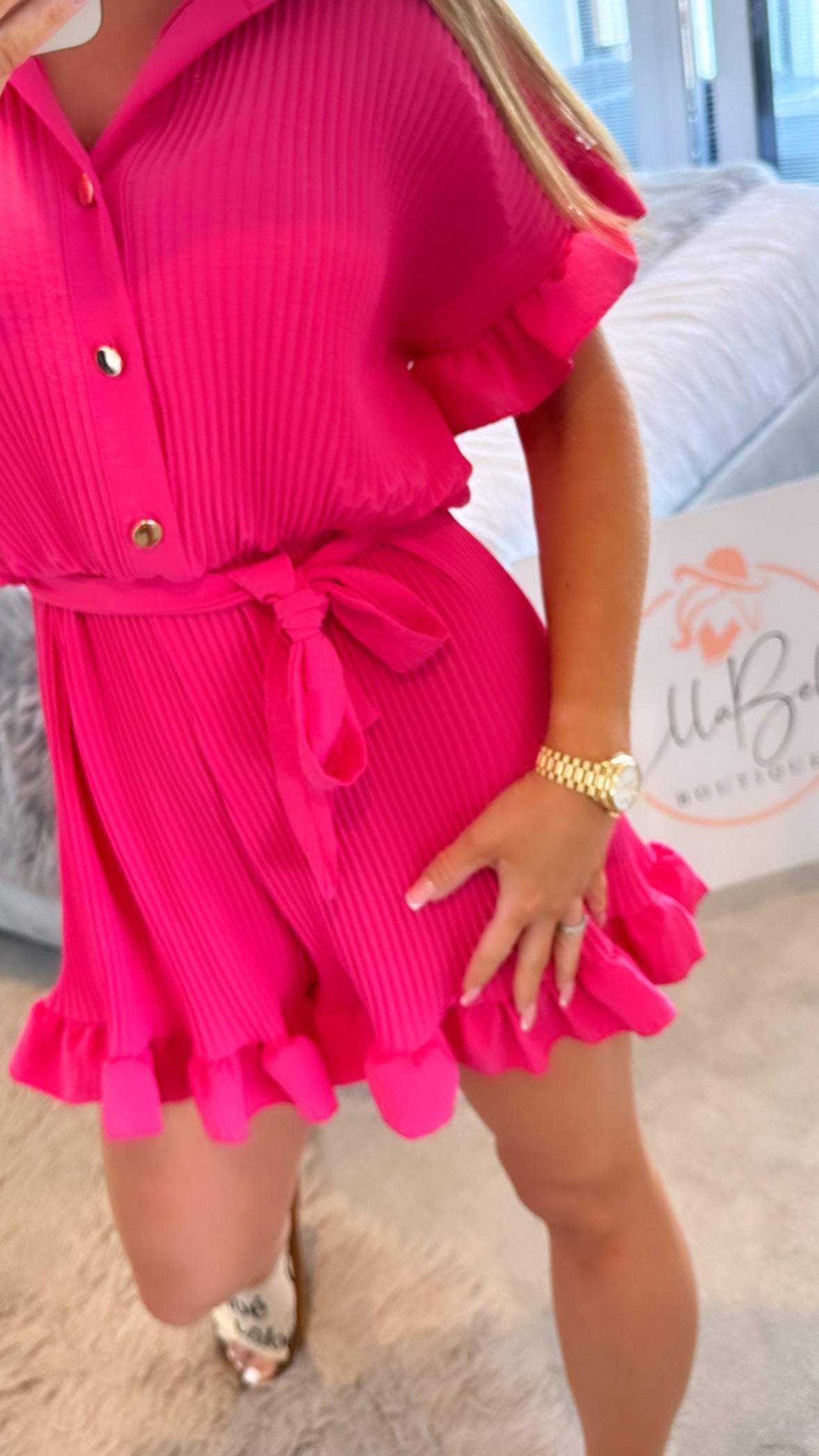 Pink Pleated/Frill Button detail Playsuit