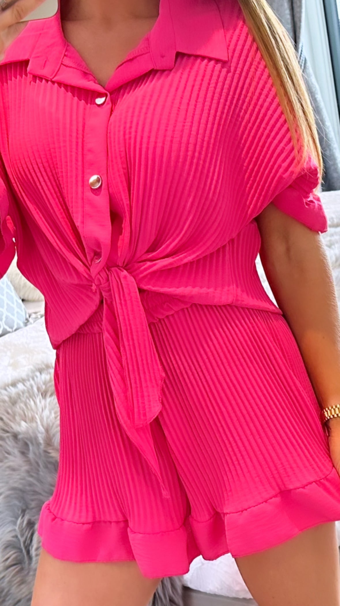 Pink Tie-Up Pleated Shirt/Shorts set