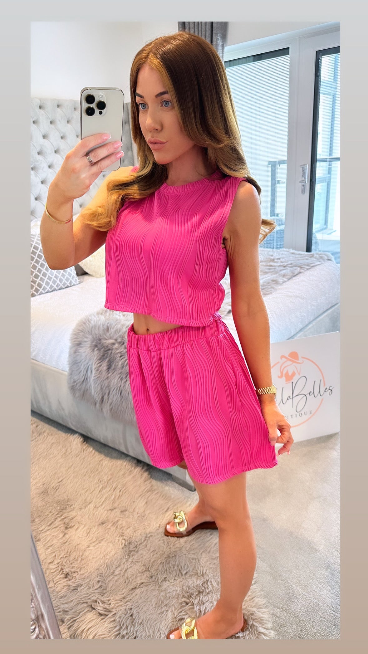 Hot pink Textured Shorts Co-ord Set