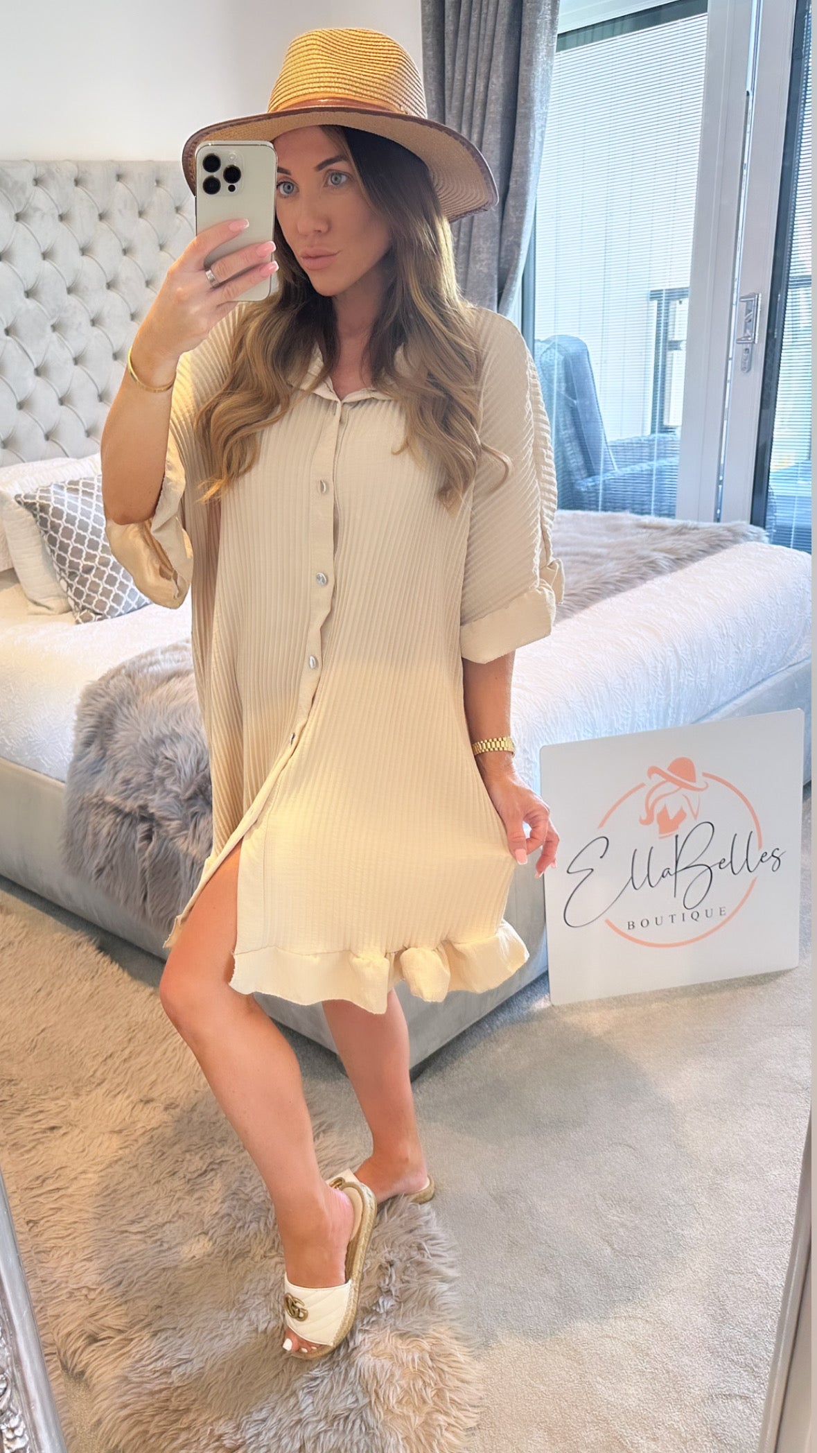 Beige Pleated Frill Dress