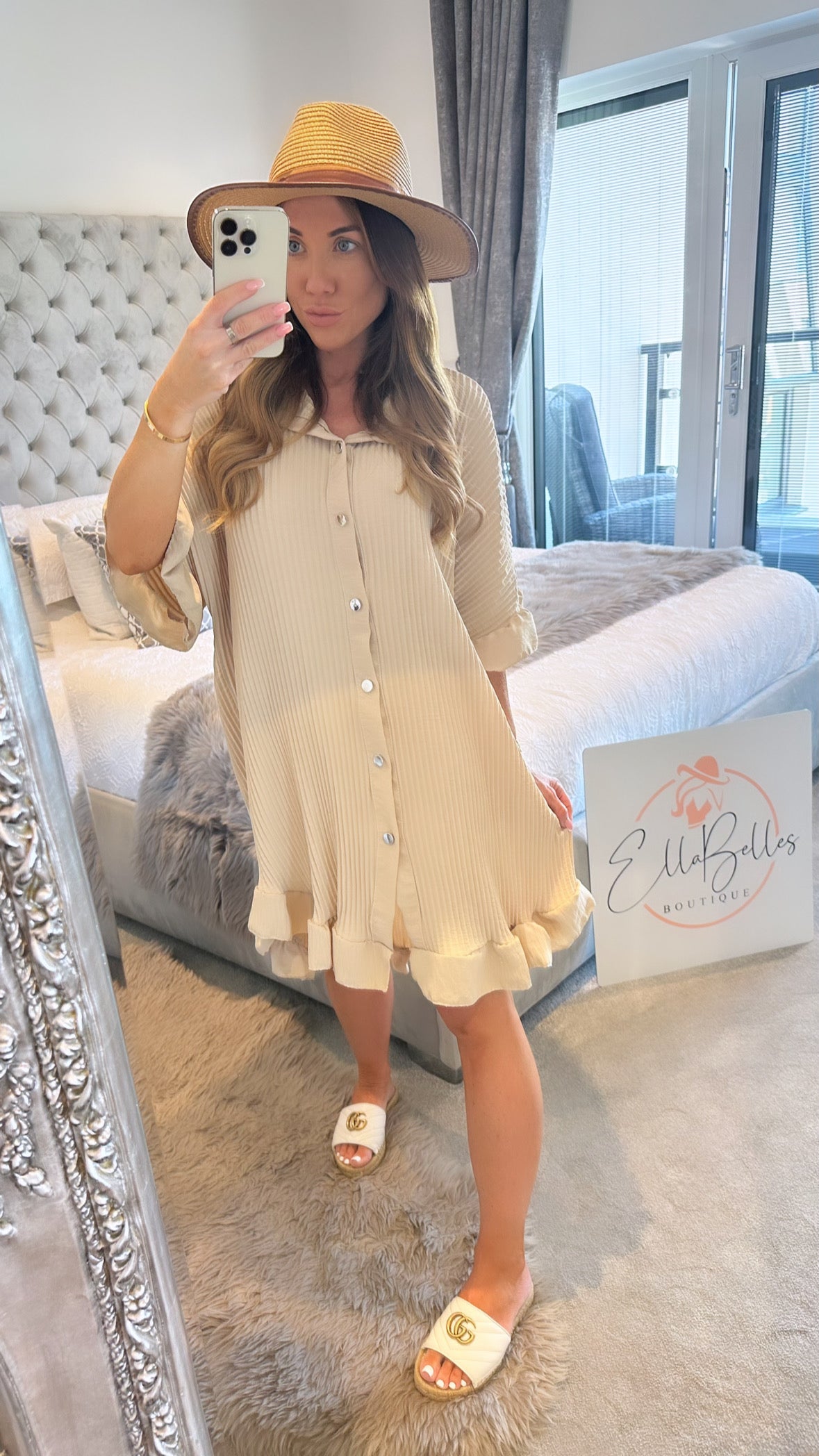 Beige Pleated Frill Dress