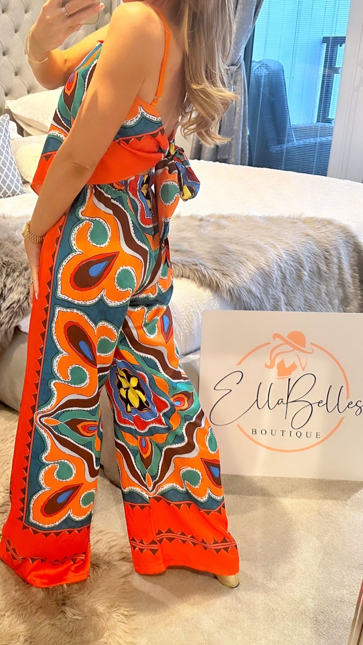 Orange Satin scarf print Trouser Co-ord Set