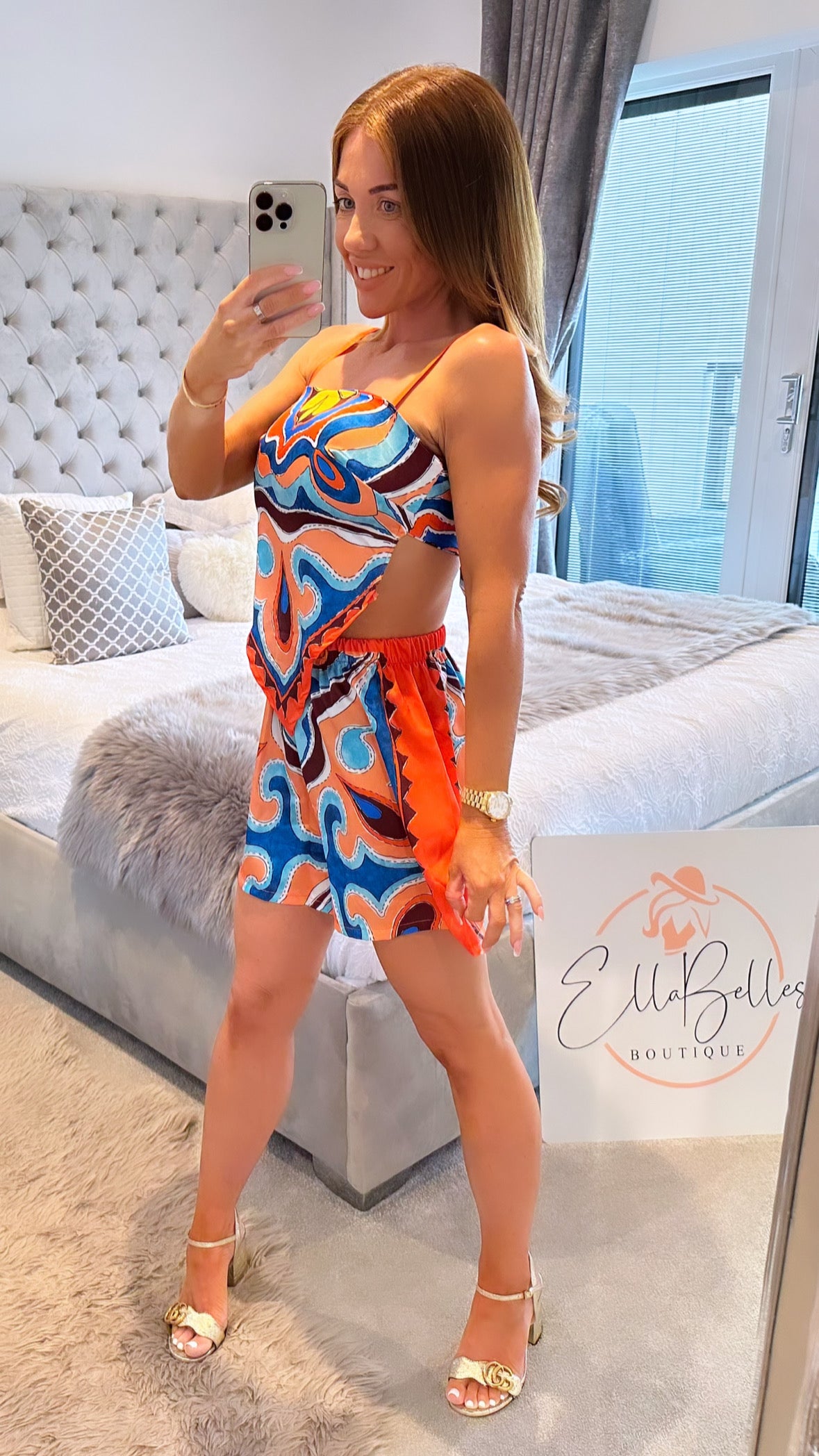 Orange Satin Scarf print Shorts Co-ord