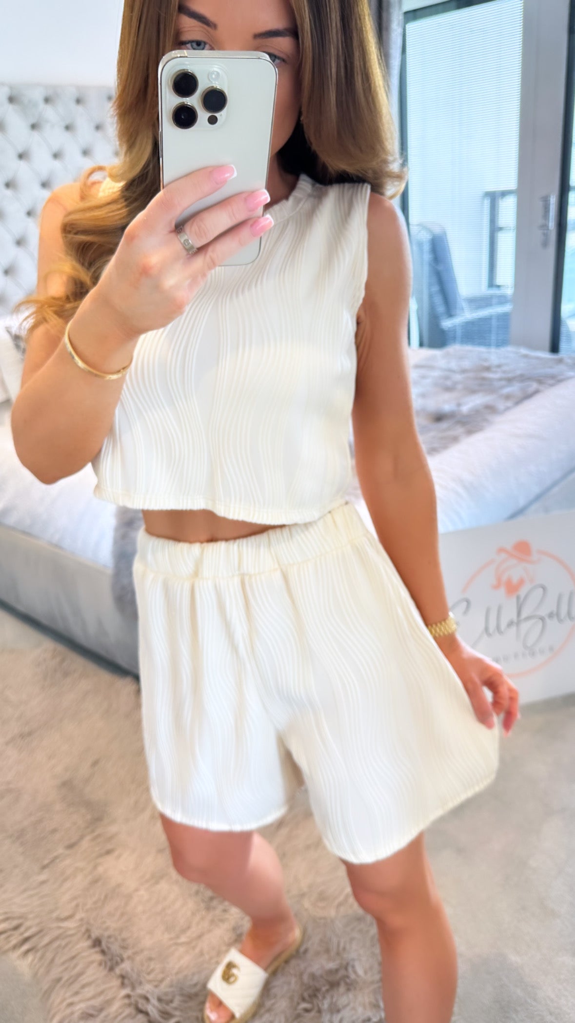 Cream Textured Shorts co-ord Set