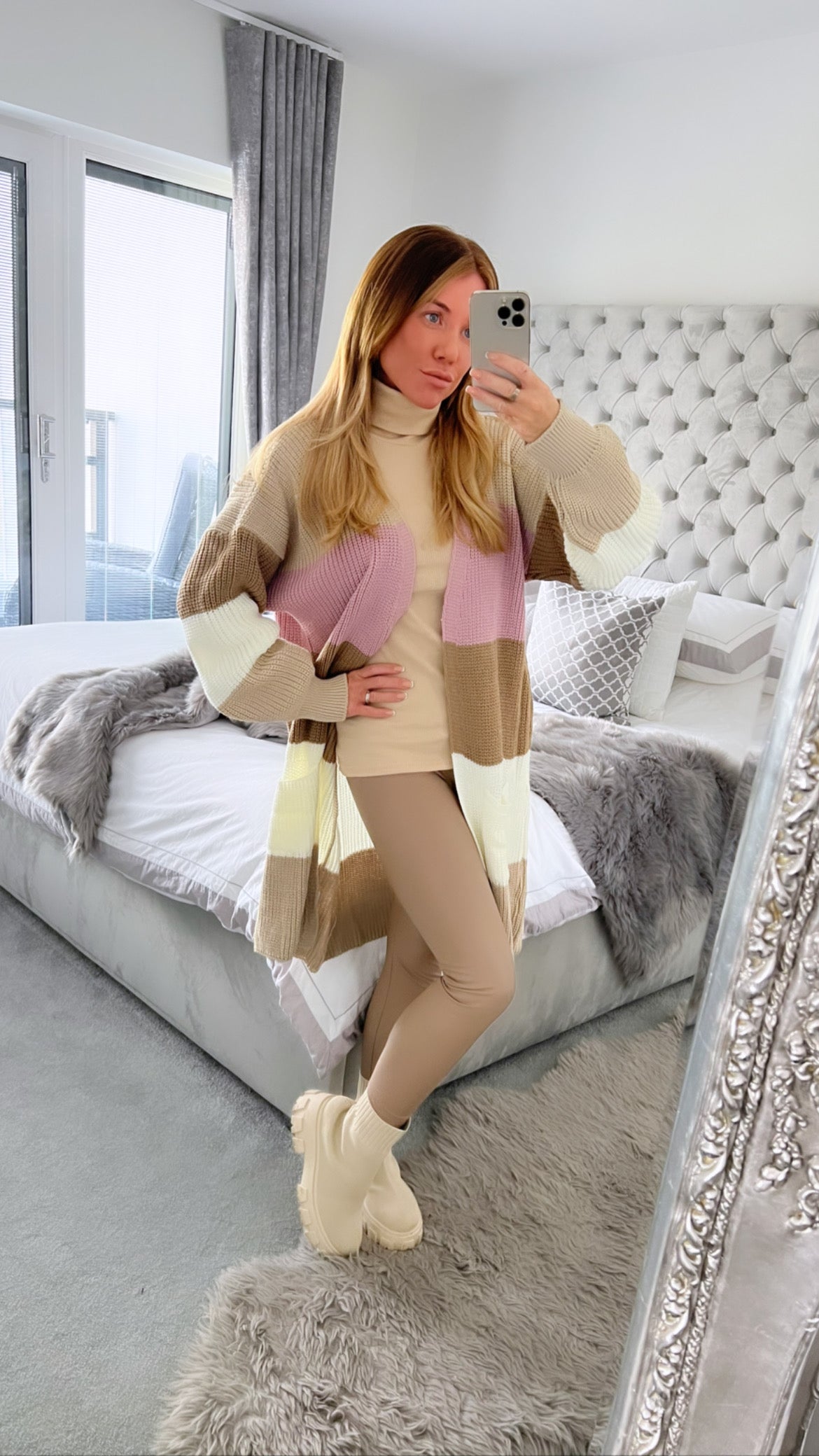 Beige Ribbed Roll Neck Jumper