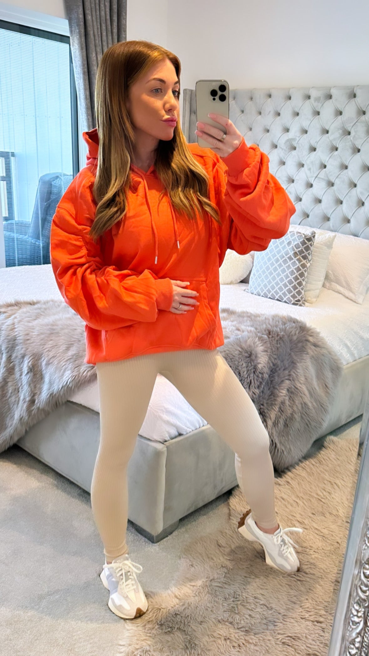 Coral Ruched sleeve Hoodie