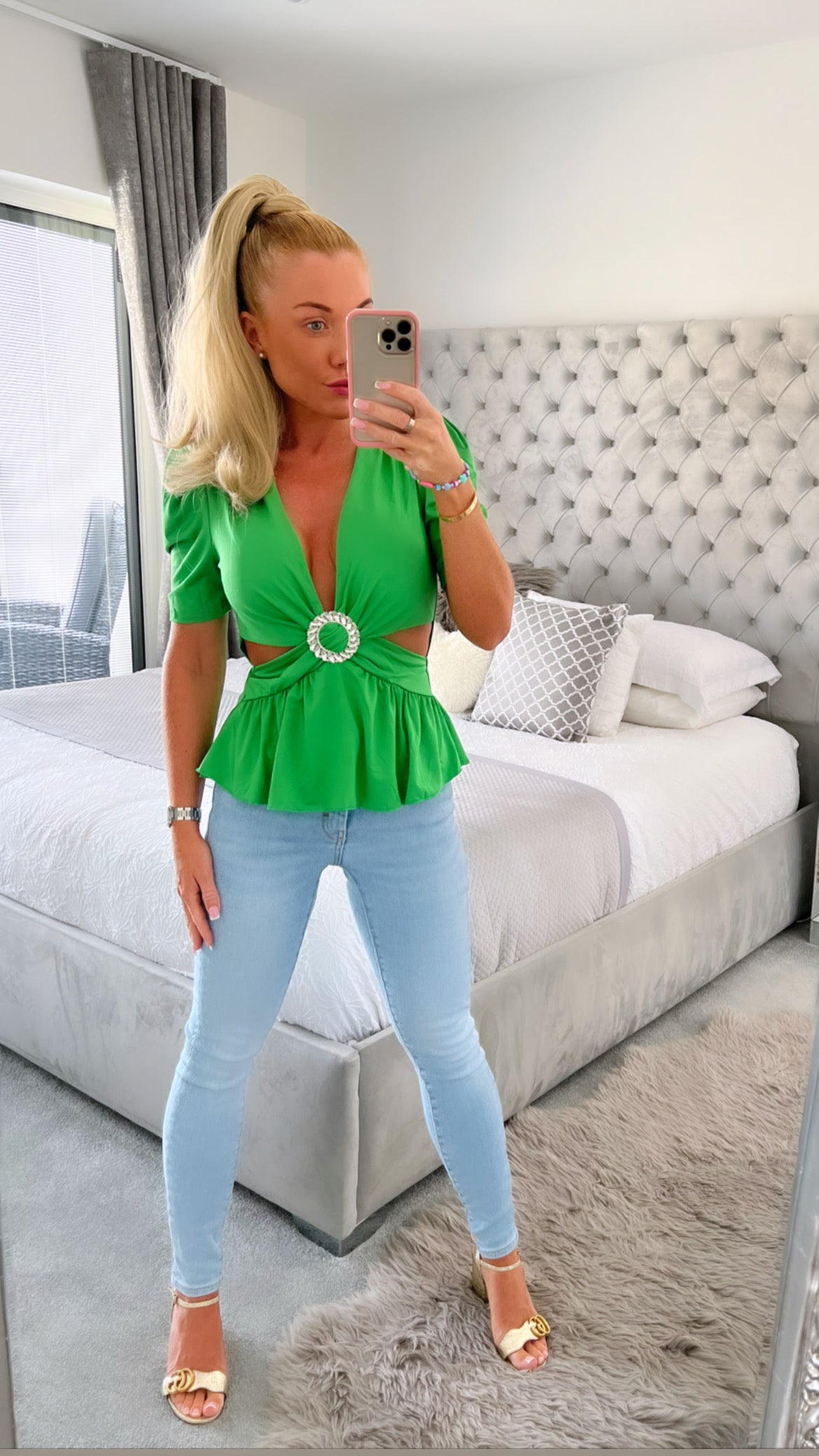 Green Diamanté cut out detail top