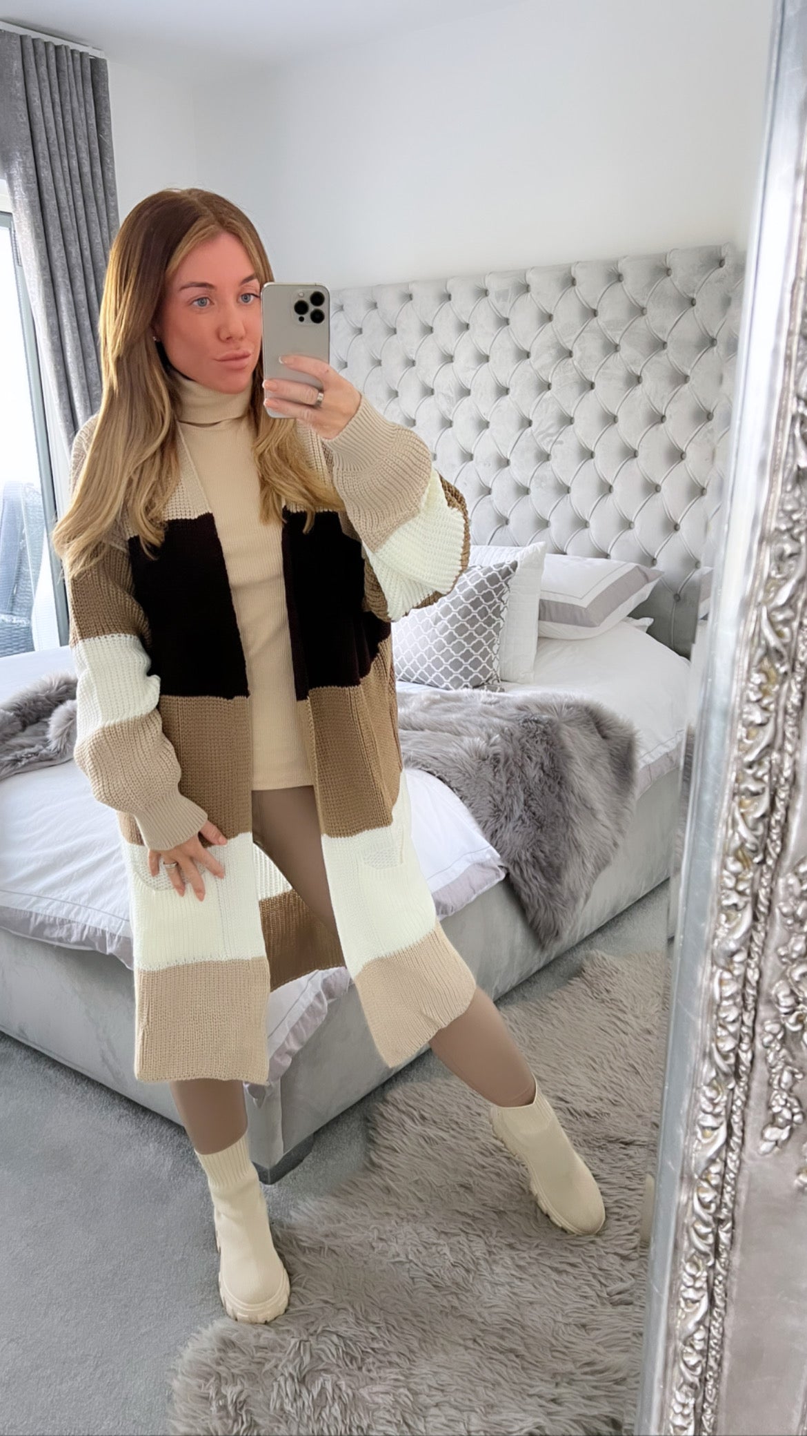 Beige Ribbed Roll Neck Jumper