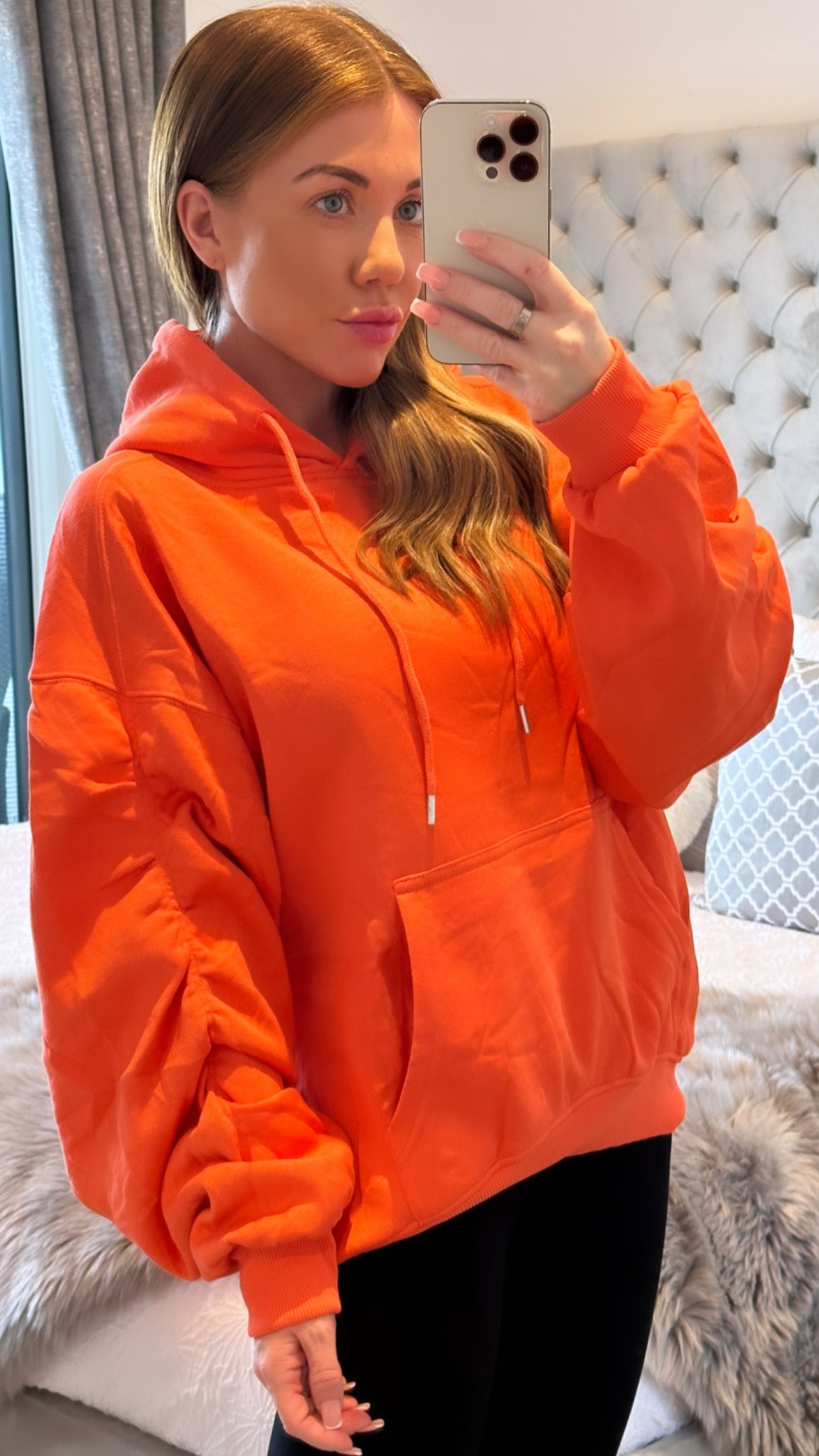 Coral Ruched sleeve Hoodie